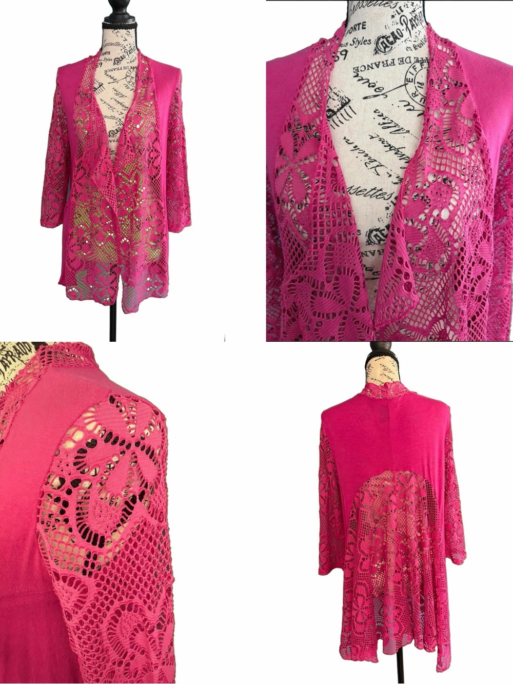 Peck & Peck Fuchsia Pink Open Crochet Lace Cardigan